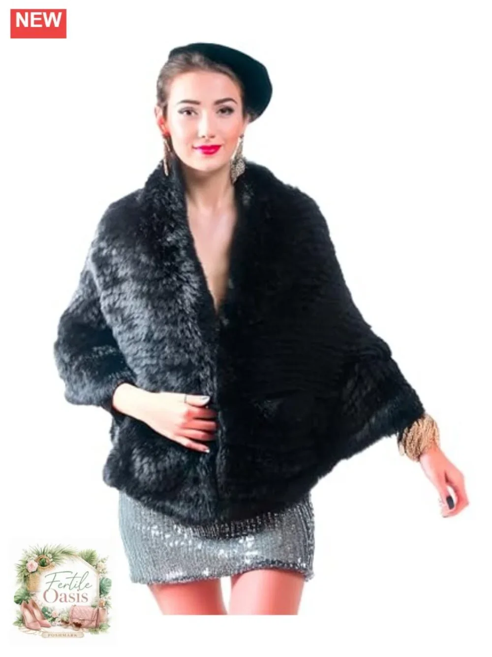 Genuine Rabbit Fur Shawl Poncho Wrap with Pockets for Wedding Party Evening Wear
